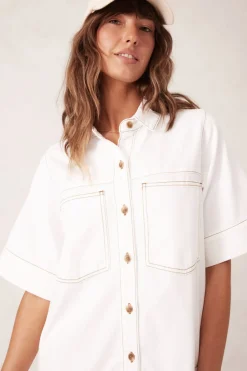 Women Ceres Life Short Sleeve Tiered Pocket Shirt Dress - Fresh Ecru