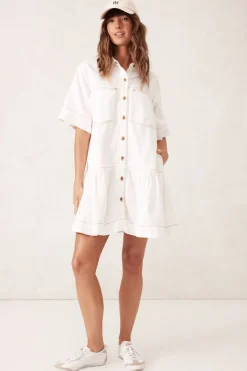 Women Ceres Life Short Sleeve Tiered Pocket Shirt Dress - Fresh Ecru