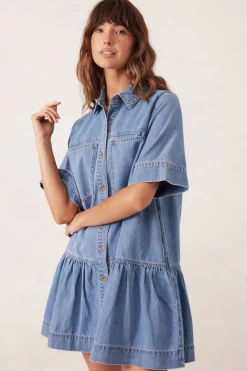 Women Ceres Life Short Sleeve Tiered Pocket Shirt Dress - Vintage Blue