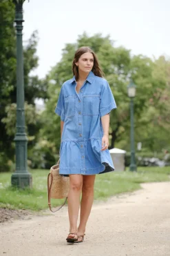 Women Ceres Life Short Sleeve Tiered Pocket Shirt Dress  - Vintage Blue