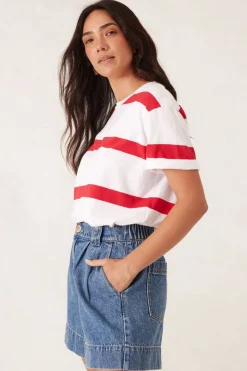 Women Ceres Life Slouchy Split Hem Tee - White/Heritage Red Bold Stripe
