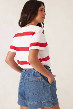 Women Ceres Life Slouchy Split Hem Tee - White/Heritage Red Bold Stripe