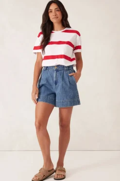 Women Ceres Life Slouchy Split Hem Tee - White/Heritage Red Bold Stripe