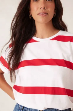 Women Ceres Life Slouchy Split Hem Tee - White/Heritage Red Bold Stripe