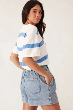 Women Ceres Life Slouchy Split Hem Tee - Vanilla/Pool Blue Bold Stripe