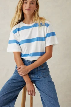Women Ceres Life Slouchy Split Hem Tee - Vanilla/Pool Blue Bold Stripe