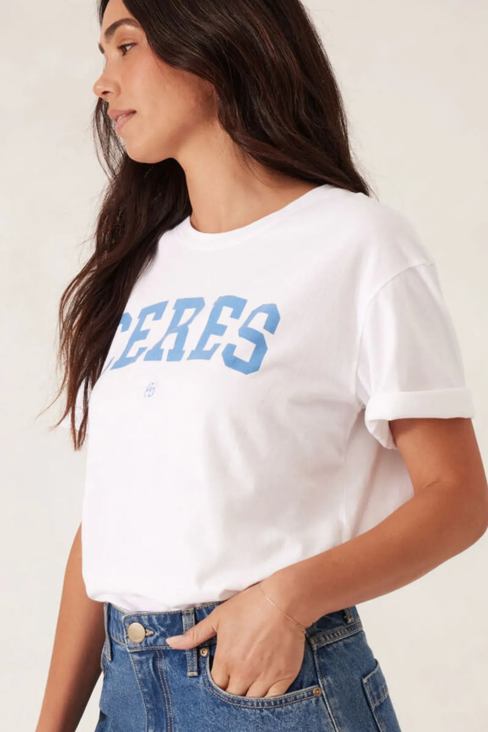 Women Ceres Life Slouchy Split Hem Tee - White/Ceres Varisty Pool Blue
