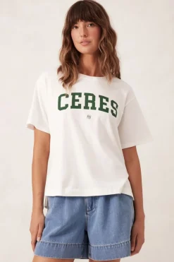 Women Ceres Life Slouchy Split Hem Tee - Vanilla/Pine Green Varsity