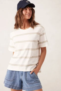 Women Ceres Life Slouchy Split Hem Tee - Vanilla/Matcha Double Stripe