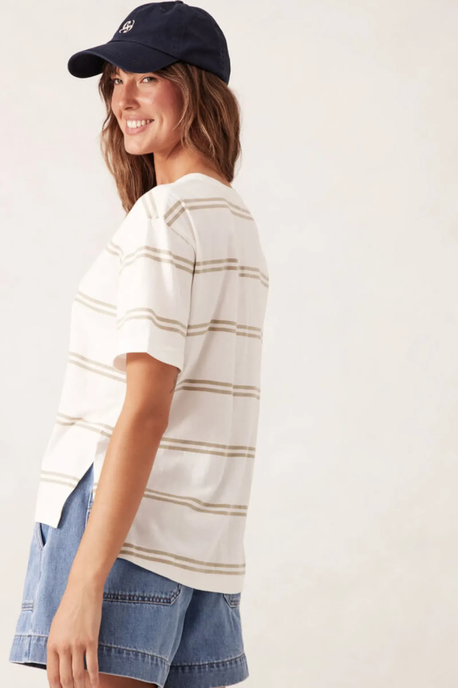 Women Ceres Life Slouchy Split Hem Tee - Vanilla/Matcha Double Stripe