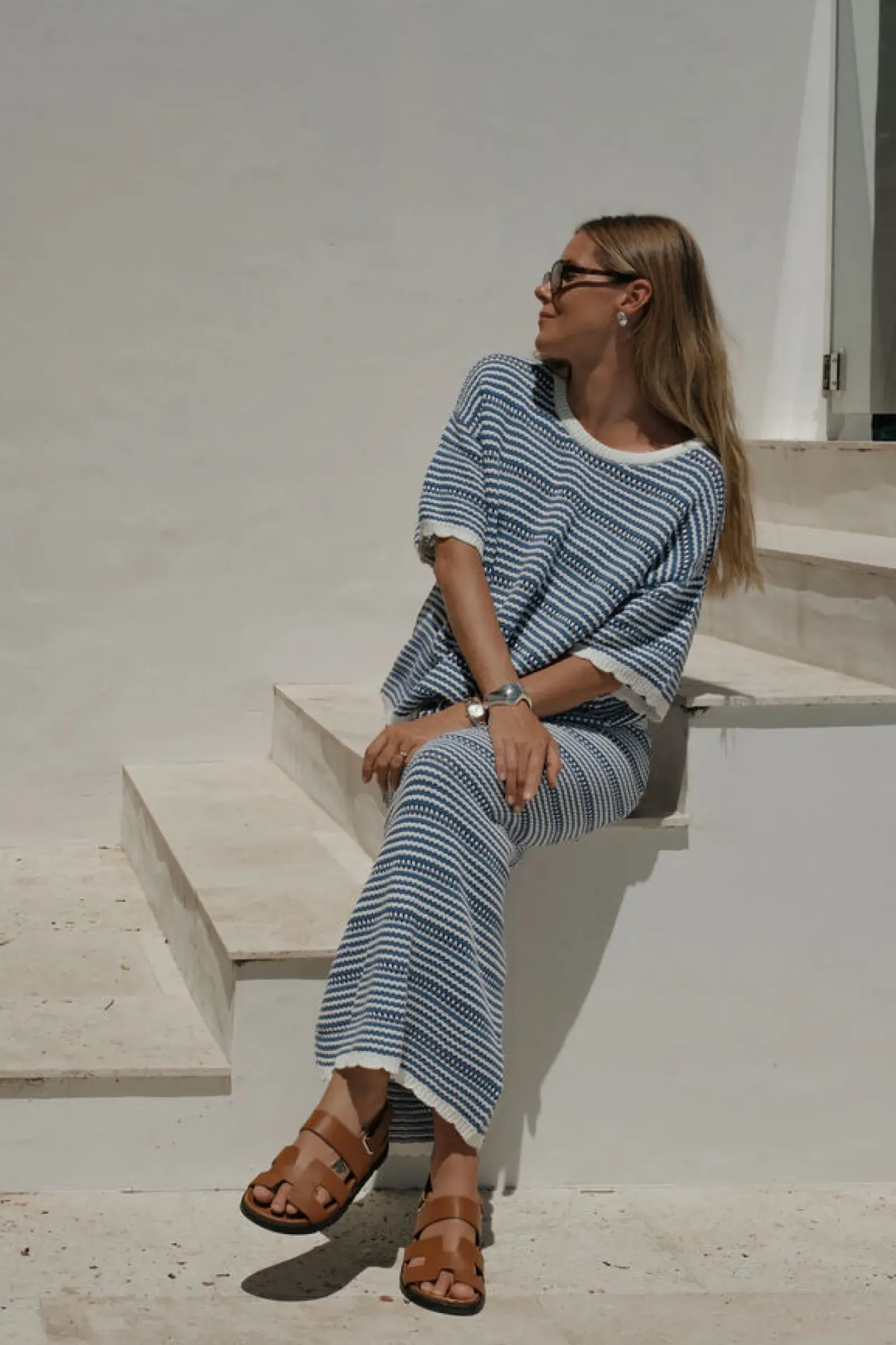 Women Ceres Life Textured Boxy Knit Tee - Summer Blue Stripe