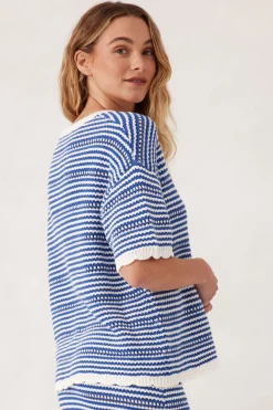 Women Ceres Life Textured Boxy Knit Tee - Summer Blue Stripe
