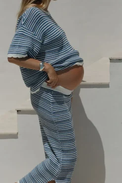 Women Ceres Life Textured Boxy Knit Tee - Summer Blue Stripe