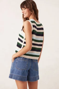 Women Ceres Life Textured Mulit Stripe Knit Tank - Aqua Pine Navy Stripe
