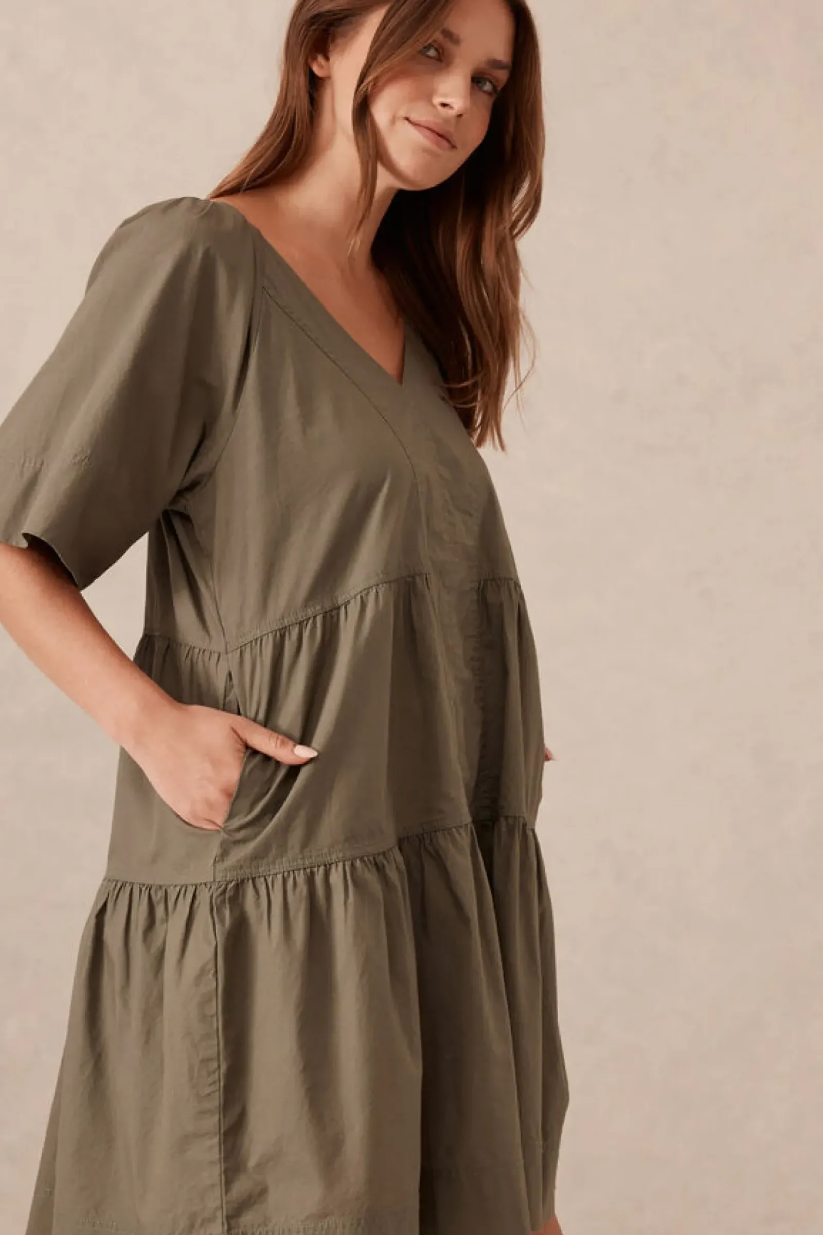 Women Ceres Life Tiered Poplin Mini Dress - Soft Olive