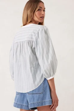 Women Ceres Life Woven Collarless Top - Green Ladder Stripe