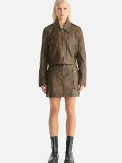 Women Ena Pelly Lennie Leather Biker Jacket - Worn Brown