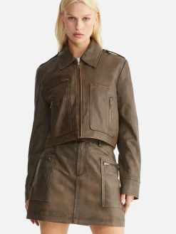 Women Ena Pelly Lennie Leather Biker Jacket - Worn Brown