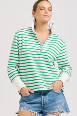 Women Est1971 Est 1971 Rugby Frill Collar Cotton Sweatshirt - Green Stripe