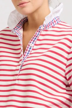 Women Est1971 Est 1971 Rugby Frill Collar Cotton Sweatshirt - Raspberry Stripe