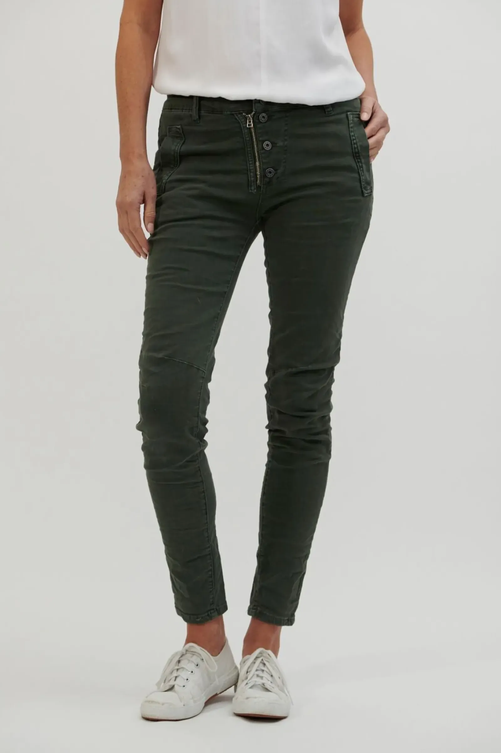 Women Italian Star Button Jean - Military