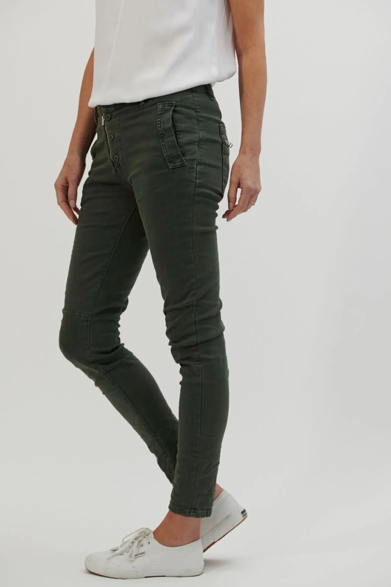Women Italian Star Button Jean - Military