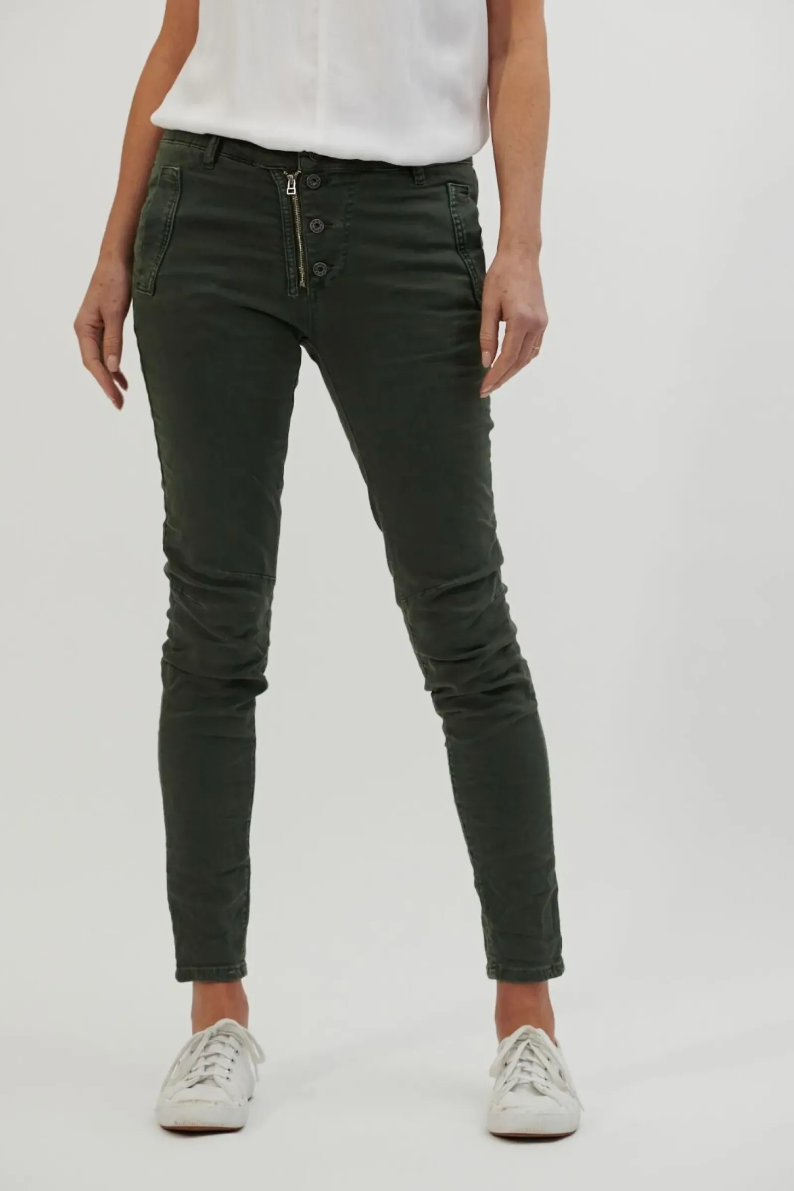 Women Italian Star Button Jean - Military
