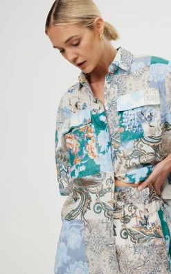 Women Kinney Juniper Shirt - Cyan Patchwork