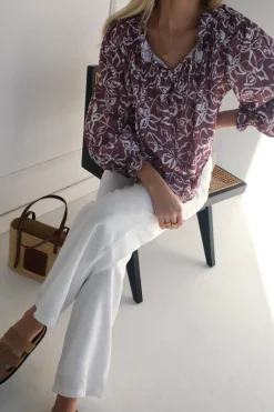 Women Lunar Fox Charlotte Linen Blouse - Sangria