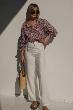 Women Lunar Fox Charlotte Linen Blouse - Sangria