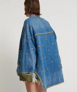 Women One Teaspoon Bay Blue Quilted Crystal Studded Jacket