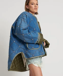 Women One Teaspoon Bay Blue Quilted Crystal Studded Jacket