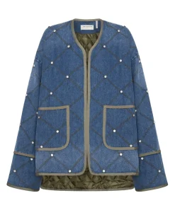 Women One Teaspoon Bay Blue Quilted Crystal Studded Jacket