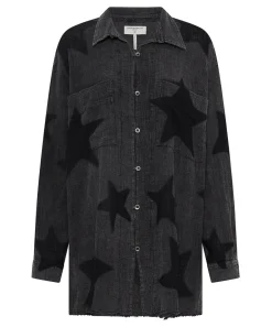 Women One Teaspoon Black Star Muslin Longline Shirt - Charcoal