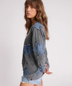 Women One Teaspoon Denim Star Boyfriend Longsleeve Tee - Black Acid