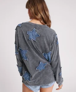 Women One Teaspoon Denim Star Boyfriend Longsleeve Tee - Black Acid
