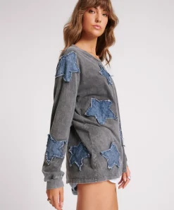 Women One Teaspoon Denim Star Boyfriend Longsleeve Tee - Black Acid