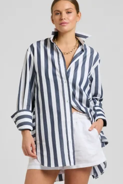 Women Shirty Clothing Shirty Andrea Oversized Boyfriend Shirt- Navy Stripe