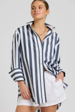 Women Shirty Clothing Shirty Andrea Oversized Boyfriend Shirt- Navy Stripe