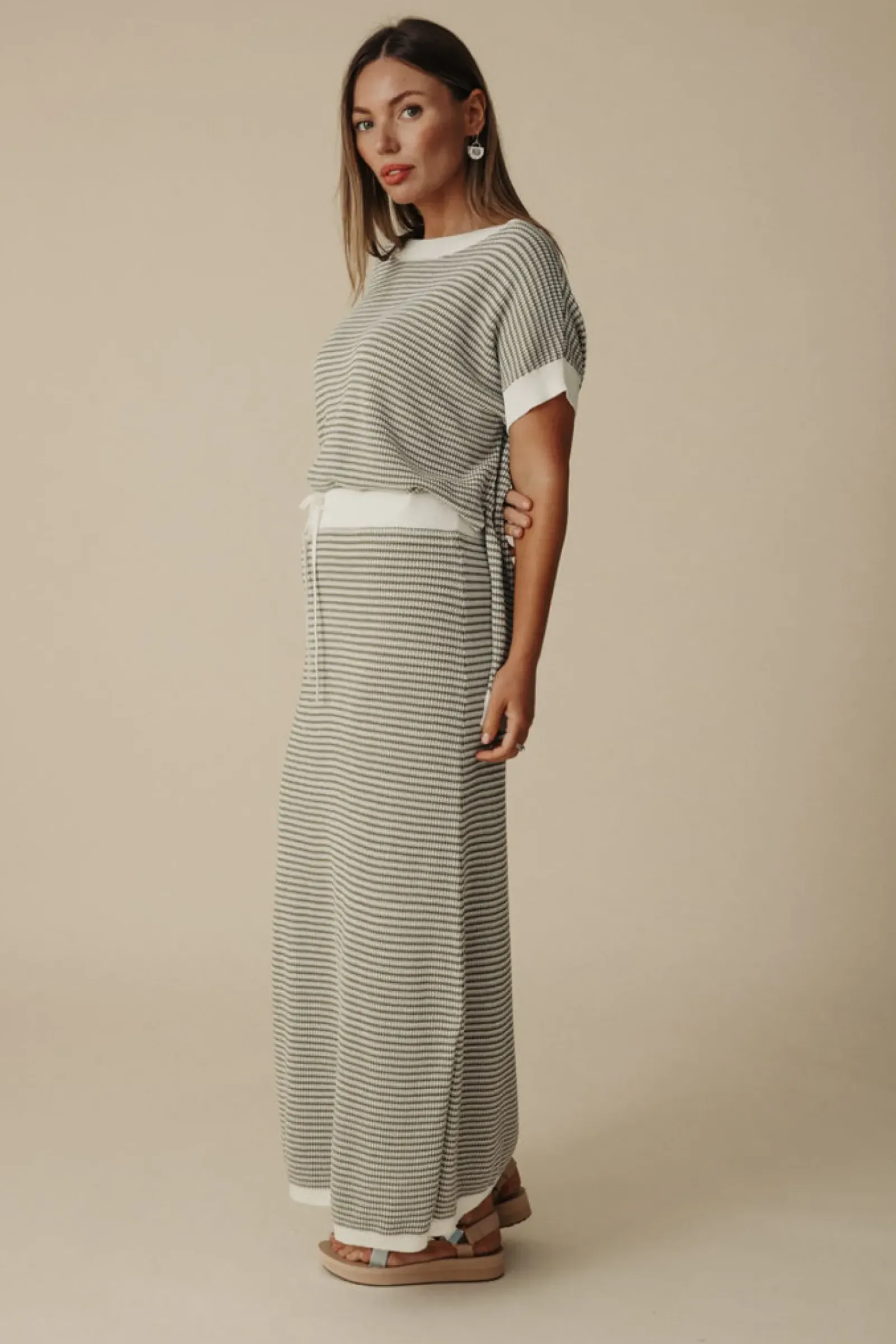 Women Talamaya Lattice Short Sleeve Pullover- Dusty Olive & Cream